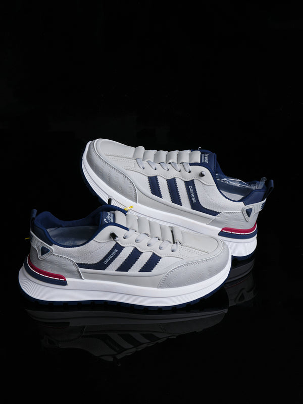 Men's Grey Casual Sneaker - Navy 3-Stripe Retro Look