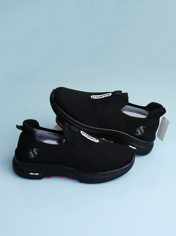Marrut Women's Black Slip-On Walking Shoes - Knit Comfort